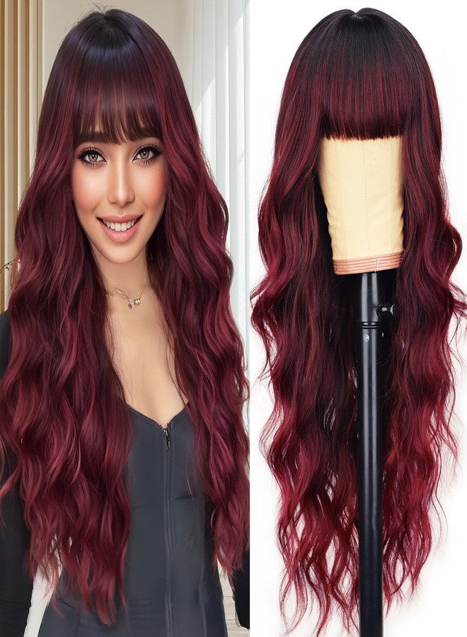 AISI HAIR Omber Burgundy Wig with Bangs Long Wavy Synthetic Wig for Women with Daily Party Use - Image 1